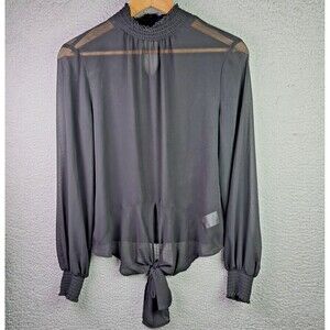 Express Blouse Women S Black Sheer Smocked Neck Cuffs Tie Front Whimsigoth Sexy